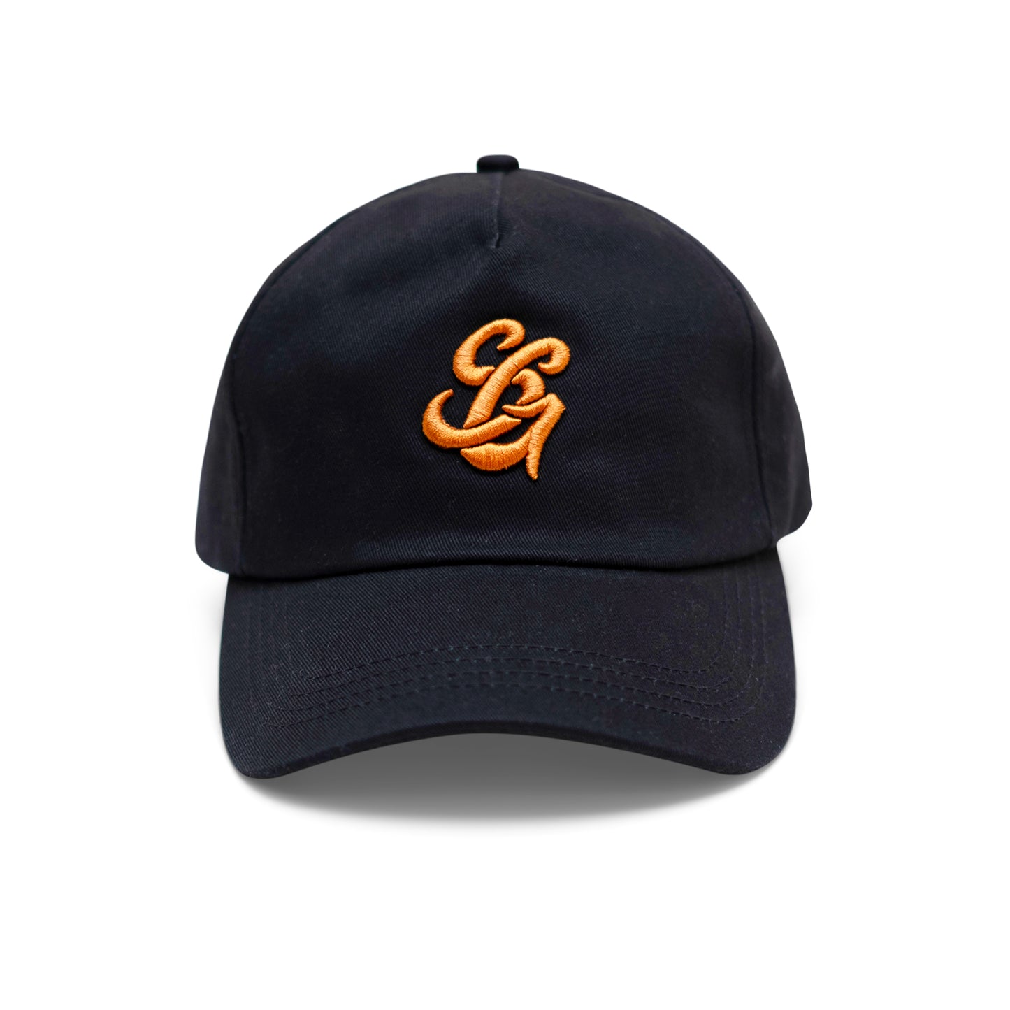 Solace Golf 5 panel, black with brown embroidery. (front)