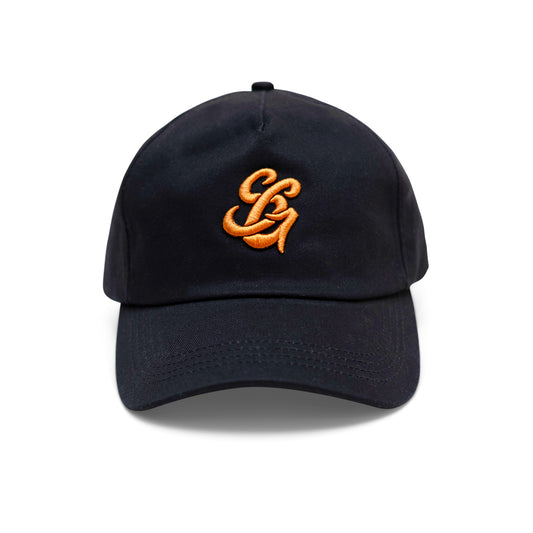 Solace Golf 5 panel, black with brown embroidery. (front)